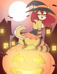  anthro ass bat breasts building canine cat clothed clothing ear_piercing feline female furry green_eyes hair halloween hat headgear high_res holidays legwear looking_back mammal moon open_mouth original original_character outside paws piercing pumpkin raised_tail red_hair solo stockings striped_stockings tail witch_hat zyira zyira_(artist) 