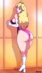 1girl 5tarex ass big_ass big_breasts blonde_hair breasts clothed clothing erect_nipples female female_only huge_breasts large_breasts leotard princess_peach super_mario_bros.