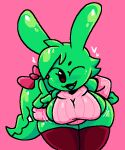  breasts bunny_ears green_body heart hearts_around_head jjoyplus miino_(slime_amiibo) one_eye_closed pink_background pink_shirt sideboob slime slime_amiibo slime_girl 