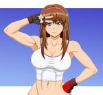  1girl alluring athletic_female blue_eyes bra_visible_through_clothes brown_hair dead_or_alive female_abs female_only fit_female grin hitomi hitomi_(doa) makani_kohitujito naked_from_the_waist_down solo_female tank_top tecmo top_only v 