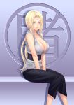  1girl blonde_hair breasts cleavage facial_mark female forehead_mark huge_breasts long_hair milf naruto red_eyes sideboob sitting smile solo tsunade yuzuriha_(active_homing) zangyura 