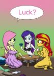  3_girls 3girls ass blue_eyes bra card_game clothed_female_nude_female covering_breasts english_text equestria_girls female female_only fluttershy fluttershy_(mlp) friendship_is_magic indoors long_hair long_purple_hair mostly_nude my_little_pony purple_hair rarity rarity_(mlp) speech_bubble strip_poker sunset_shimmer sunset_shimmer_(eg) two-tone_hair 