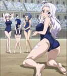 1girl 4girls blue_eyes blue_hair blush colosseum fairy_tail female_only levy_mcgarden lisanna_strauss long_hair mirajane_strauss multiple_girls public smile swimsuit wendy_marvell white_hair