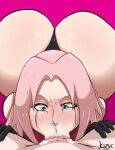  1boy 1girl :&gt;= big_ass cum cum_in_mouth cum_out_nose deepthroat fellatio female_focus jozne looking_at_penis male male/female naruto pink_hair pov ruined_makeup sakura_haruno short_hair straight tears tears_of_joy tears_of_pleasure thong 