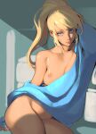  1girl 1girl 1girl blonde_hair blue_eyes blue_sweater bottomless breast_slip breasts carelessly_dressed erect_nipples female_only high_resolution indoors light-skinned light-skinned_female long_sleeves looking_at_viewer medium_breasts metroid nintendo nipples nopan one_breast_out_of_clothes pink_nipples ponytail samus_aran sweater tied_hair typo_(requiemdusk) very_high_resolution 