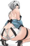 1girl 2018 android ass beauty_mark cafekun cosplay female_only hair high_heels humanoid kaine_(nier) kaine_(nier)_(cosplay) nier:_automata nier_(series) nier_replicant panties playstation pursed_lips rear_view robot square_enix squatting video_games white_hair yorha_2b yorha_no._2_type_b