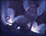  1girl black_legwear blue_eyes breasts demon_girl demon_tail demon_wings felarya giantess hand_on_hip horns iridan karbo legs long_hair nipples nude pussy smile solo succubus tail thighhighs uncensored wings 