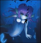  1girl bad_end border breasts cameltoe felarya giantess green_eyes head_fins headfins karbo long_hair mermaid miniboy monster_girl nipples purple_hair underwater 