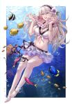  1girl :d absurd_res alluring alternate_costume bangs bare_shoulders barefoot bikini bikini_skirt bracelet breasts bubble cleavage corrin_(fire_emblem) corrin_(fire_emblem)_(female) female_only fire_emblem fire_emblem_fates fire_emblem_heroes fish flower flower_necklace full_body hair_between_eyes hair_flower hair_ornament hairband high_res jewelry lei long_hair navel nintendo official_alternate_costume open_mouth red_eyes smile sobasakuhin swimsuit teeth underwater upper_teeth white_bikini white_hair white_swimsuit 