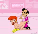 1boy 1girl ass big_breasts black_hair blue_eyes breasts cartoon_network clothed_male_nude_female crossover dagnabit_(artist) dexter's_laboratory dexter's_mom doggy_position earring larry_laffer latex_gloves leisure_suit_larry lipstick milf nipples nude red_hair