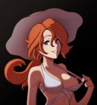  1girl 1girl 1girl armpit_crease big_breasts black_background breasts casual_one-piece_swimsuit clothes_pull commission earrings eyebrows_behind_hair fellming hair_between_eyes halterneck hat high_resolution hoop_earrings jewelry long_hair looking_at_viewer nipples one-piece_swimsuit orange_hair original pulled_by_self sidelocks simple_background single_earring swimsuit swimsuit_pull tied_hair upper_body very_high_resolution 