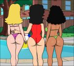 american_dad arabian ass back_view bikini bikini_bottom bikini_top black_hair blonde blonde_hair brunette francine_smith green_bikini linda_memari pink_bikini pool red_swimsuit sexfightfun sexfightfun_(character) swimsuit threesome trio yuri