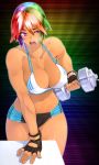 breasts cameltoe cleavage dumbbell fingerless_gloves friendship_is_magic human humanized multicolored_hair muscle my_little_pony purple_eyes rainbow_dash rammbrony shorts sports_bra sweat weightlifting weights workout