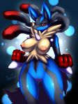  2013 abstract_background blush breasts female looking_at_viewer lucario mega_evolution mega_lucario mn_xenx mnxenx001 nintendo nipples nude pokemon pokã©mon pussy red_eyes solo video_games 