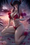 1girl alluring bangs big_breasts bikini breasts chest_tattoo cocktail_glass cup demon_horns drinking_glass eliza eliza_(tekken) eyeshadow flower horns hot kneel makeup namco olchas parted_lips petals purple_lips red_bikini rose sexy short_hair_with_long_locks sunset swimsuit tattoo tekken tekken_7 vampire voluptuous water yellow_eyes