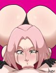  1boy 1girl :&gt;= big_ass deepthroat fellatio female_focus jozne looking_at_penis male male/female naruto oral pink_hair pov ruined_makeup sakura_haruno short_hair straight tears tears_of_joy tears_of_pleasure thong 