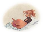  ass bed blonde_hair bottomless dimples_of_venus green_eyes lipstick long_hair looking_back mooning panties pink_panties red_lipstick sodano_(artist) solo underwear 