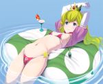 1girl arms_up bikini blonde_hair blue_eyes crown elbow_gloves female flat_chest gloves long_hair lying mario_(series) martini masao navel nintendo on_back partially_submerged princess_peach solo super_mario_bros. swimsuit water white_gloves