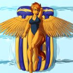  1girl 2013 cutie_mark equine female friendship_is_magic fur hair half-closed_eyes horse kevinsano lying lying_down my_little_pony on_back orange_fur orange_hair pegasus pony pool solo spitfire swimsuit two_tone_hair wings wonderbolts_(mlp) 