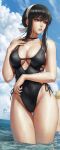 1girl alluring bare_legs beach big_breasts bikini black_hair blue_sky cleavage mirco_cabbia ocean one-piece_bikini one-piece_swimsuit red_eyes spy_x_family yor_briar yor_forger