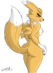 1_anthro 1_female 1_female_anthro 1_girl 2013 3_fingers anthro anthro_canine anthro_fox anthro_vixen blue_eyes breasts canine darkshadow777 digimon featureless_crotch female female_anthro female_anthro_fox female_only female_renamon fox fur furry looking_at_viewer looking_back nipples nude raised_tail renamon smile solo standing toei_animation vixen white_fur yellow_fur