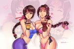 2_girls alluring atmo-art big_breasts blowing_kiss braided_hair brown_eyes brown_hair cleavage crossover fingerless_gloves hazel_eyes headband king_of_fighters long_hair looking_at_viewer project-soul seong_mi-na snk soul_calibur soul_calibur_ii soul_calibur_iii soul_calibur_vi sports_bikini sweatpants wink yuri_sakazaki