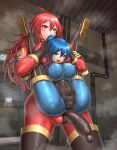 1girl 1girl angry big_breasts blue_bodysuit blue_eyes blue_hair bodysuit breasts fempyro full_body full_nelson futanari futanari_on_female gloves holding legs legs_up lights long_hair looking_at_another open_mouth pipe ponytail pyro pyro_(team_fortress_2) red_bodysuit red_eyes red_hair skin_tight skin_tight skin_tight_suit skintight_bodysuit skintight_suit smile stockings straight team_fortress team_fortress_2 teeth thick_thighs thighs tongue wall wavy_hair