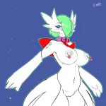  2013 anthro anthrofied areolae big_breasts blue_eyes blush breasts collar dreikaze female fran_(rakihiro) gardevoir hair heart mega_evolution mega_gardevoir navel nintendo nipple_piercing nipples nude piercing pokemon pokemorph pose pussy rakihiro solo video_games 