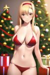 alluring amber_hair asuna_(sao) asuna_yuuki big_breasts bikini brown_eyes christmas christmas_tree cleavage nightcore_(artist) presents sword_art_online yuuki_asuna