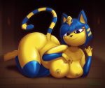 1girl 1girl 2017 5_fingers 5_toes absurd_res animal_crossing ankha_(animal_crossing) anthro ass big_ass big_breasts blue_hair breasts collarbone curvy_figure digital_media_(artwork) domestic_cat egyptian felid feline felis fingers fur hair high_res huge_breasts inside looking_at_viewer lying mammal miso_souperstar nintendo nipples nude on_front short_stack slightly_chubby smile smirk text thick_thighs toes uraeus video_games voluptuous wide_hips