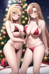  2_girls alice_schuberg alluring amber_hair asuna_(sao) big_breasts bikini blonde_hair blue_eyes brown_eyes christmas christmas_ornaments christmas_tree cleavage nightcore_(artist) presents sword_art_online 