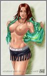  1girl alternate_costume azasuke azasuke_wind belly belly_ring big_breasts border brazilian breasts brown_hair christie_monteiro dark_skin hair high_res jewelry midriff navel navel_piercing nipples open_clothes shorts smile tekken tekken_4 undressing yellow_eyes 