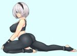 1girl alluring blue_eyes gym_pants nier:_automata sports_bra tsuki_riven white_hair yorha_no._2_type_b