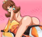  1girl :p absurd_res aqua_eyes arm art ass babe back bent_over bike bikesuit blue_eyes blush bodysuit breasts brown_hair cameltoe checkered crown earrings elbow eyes gloves heart heart_print jewelry legs long_hair looking_at_viewer looking_back mario_(series) mario_kart motorcycle naughty_face nintendo nude nude_female pink_background princess_daisy pussy shiny shiny_hair sigurd_hosenfeld sigurdhosenfeld sitting smile super_mario_bros. tight tongue uncensored vehicle 