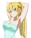 1girl alluring arms_behind_head big_breasts blonde_hair blush breasts cleavage green_eyes high_res leafa long_hair looking_at_viewer ponytail pose smile sword_art_online sword_art_online:_fatal_bullet third-party_edit towel wet