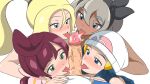 ash_ketchum bea_(pokemon) chloe_(pokemon) dark-skinned_female dawn_(pokemon) harem koharu_(pokemon) korrina multiple_fellatio orgy pokemon silent_(artist)