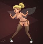 1girl blonde_hair breasts disney fairy_wings female female_only garter_belt mostly_nude no_bra no_panties peter_pan solo standing stockings tinker_bell wings