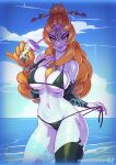 1girl alluring bare_shoulders big_breasts bikini black_bikini cleavage closed_mouth colored_skin front_ponytail green_skin hair_ornament hair_scrunchie hairclip kajin_(kajinman) lips long_hair looking_at_viewer midna midna_(true) navel nintendo orange_hair purple_lips red_eyes scrunchie smile standing sweat swimsuit the_legend_of_zelda the_legend_of_zelda:_twilight_princess tiara toned twili_midna water