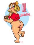 1girl bbw bear_ears blush bottomless breasts chubby eating feet female_only food honey honey_pot human icy_(artist) iseenudepeople looking_back multicolored_hair pot shirt_lift