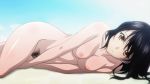 16:9_aspect_ratio 1girl 1girl artist_request black_hair blue_background breasts brown_eyes completely_nude high_resolution himeragi_yukina lying medium_breasts nipples nude pubic_hair smile source_request strike_the_blood