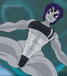  abs big_ass big_ass big_breasts big_breasts bikini black_bikini black_swimsuit dc_comics grey_body grey_skin gris_swimsuit mapashonsfw muscle muscular muscular_female purple_eyes purple_hair raven_(dc) short_hair shy swimsuit teen_titans tsundere 