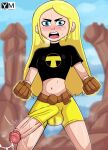  2022 big_penis blonde_hair blue_eyes blush cartoon_network cosplay dc_comics dickgirl erection_under_clothes futa_only futanari glans large_penis long_hair open_mouth penis penis_out penis_through_leghole precum retracted_foreskin simple_background solo_futa standing sweat teen_titans teen_titans_go terra villain yutomaster 