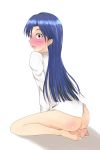 1girl ass barefoot blue_hair blush bottomless chihaya_kisaragi feet idolmaster kisaragi_chihaya long_hair seiza sitting solo white_background willwind30