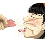  1girl amagi_yukiko atlus black_hair blush censored closed_eyes cum cum_in_mouth cum_on_tongue erection facial hair headband open_mouth penis persona persona_4 pubic_hair s_(tenshi_no_kiss) saliva shadow solo_focus tongue tongue_out white_background zaqxsw_(pixiv) 