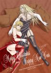  2girls bed blonde_hair blue_eyes breasts christmas dress garter_belt glasses gloves hellsing holiday integra_hellsing jewelry long_hair multiple_girls necklace pillow seras_victoria thighhighs yuri 