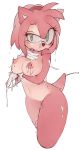 1girl after_sex aftersex amy_rose animal_ears belly blush breasts cum cum_on_body cum_on_breasts cum_on_hands cum_on_upper_body erect_nipples facial female furry gloves green_eyes kousoku large_breasts midriff navel nipples nude sega sex simple_background sindoll solo sonic sonic_the_hedgehog white_background