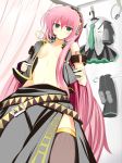  1girl bad_id blue_eyes female_only headphones kishiki_kanmitsu luka_megurine megurine_luka microphone open_clothes open_shirt pink_hair shikano_sumiaki shirt solo thigh-highs thighhighs undressing vocaloid 