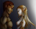 1boy 1girl areolae blonde_hair blue_eyes breasts ganondorf long_hair lowres nintendo nipples pointy_ears princess_zelda red_eyes the_legend_of_zelda triforce