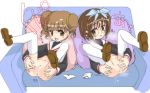 2_girls 2girls breathing brown_eyes brown_hair card_captor_sakura cardcaptor_sakura chiharu_mihara couch excited glasses happy legs legs_up naoko_yanagisawa no_panties panties panties_removed pigtails pink_pillow purple_pillow pussy ribbon short_hair spread_pussy