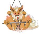 bondage booster_(pokemon) creatures_(company) eeveelution fire_type_pokemon flareon furry game_freak gen_1_pokemon nintendo orange_fur pokemon pokemon_(anime) pokemon_(creature) pokemon_(game) pokemon_(species) spreader_bar tail white_background